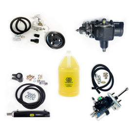 A set of power steering components including a pump kit, gearbox with ram assist ports, hydraulic ram assist cylinder, hydroboost unit, and power steering fluid.