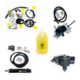 Components for a complete power steering package, including hoses, a pump, a gearbox, a hydraulic cylinder, and a bottle of steering fluid.