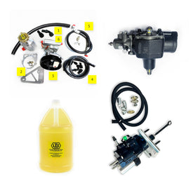 A complete power steering package including a pump, gearbox, hydroboost unit, and a container of steering fluid, intended for 2003-2007 Ford F250/F350/Excursion vehicles.